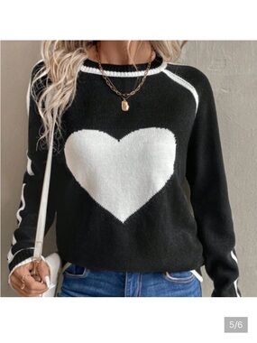 Black And White Casual Women's Round Neck Raglan Sleeve Heart Pattern Sweater
